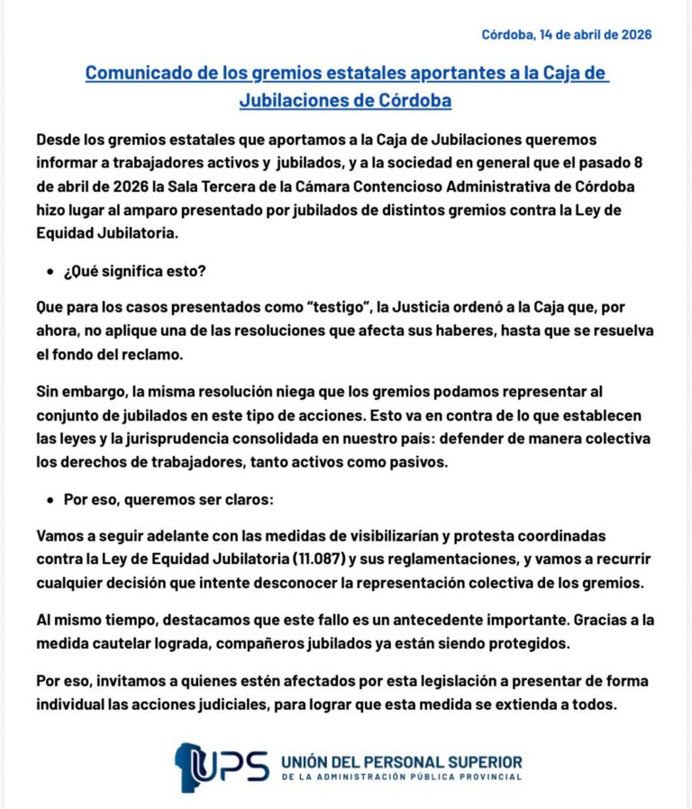 Comunicado de los gremios aportantes a la Caja de Jubilaciones de Córdoba (14/4/26)