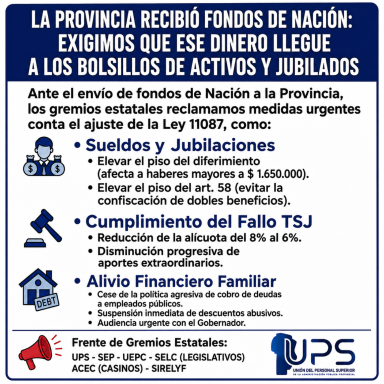 LA PROVINCIA RECIBIÓ FONDOS DE NACIÓN: EXIGIMOS QUE ESE DINERO LLEGUE A LOS BOLSILLOS DE ACTIVOS Y JUBILADOS