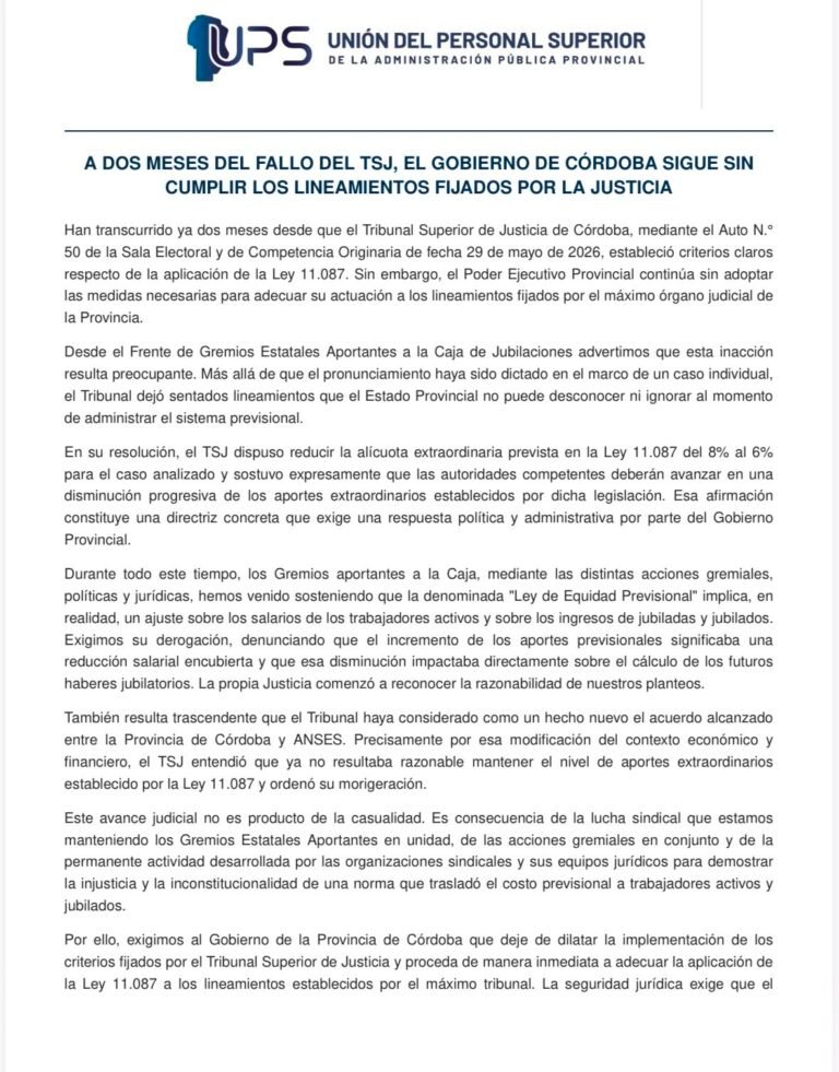 A DOS MESES DEL FALLO DEL TSJ, EL GOBIERNO DE CÓRDOBA SIGUE SIN CUMPLIR LOS LINEAMIENTOS FIJADOS POR LA JUSTICIA